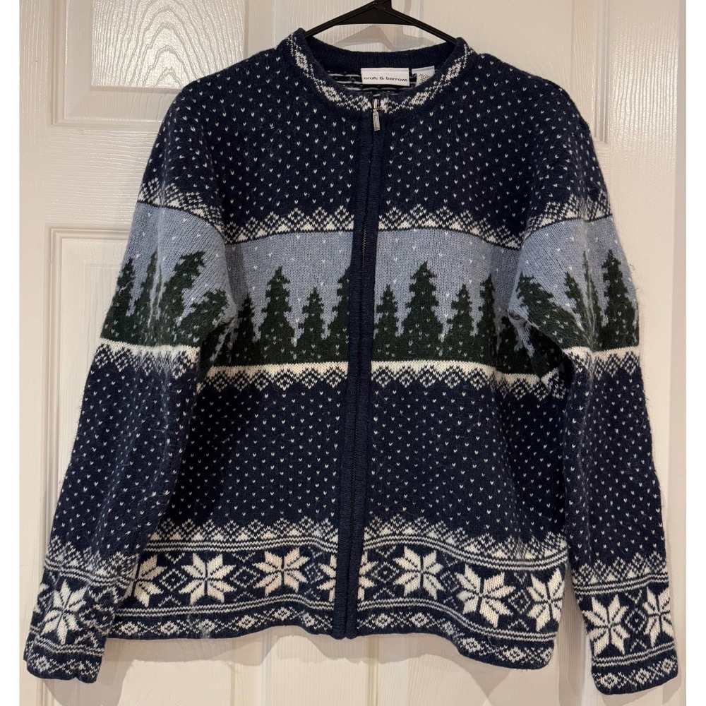 Vintage Winter Forest Wool Blend Full Zip Up Cardigan Sweater Size L Trees Cabin